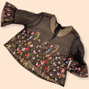 Sheer Embroidered 3/4 Bell sleeve Plus Size Top